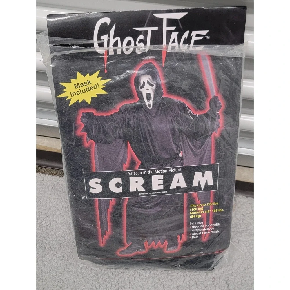 Vintage Ghost Face Fun World EU Scream Mask Black Hood Costume Adult One‎ Sz 90s